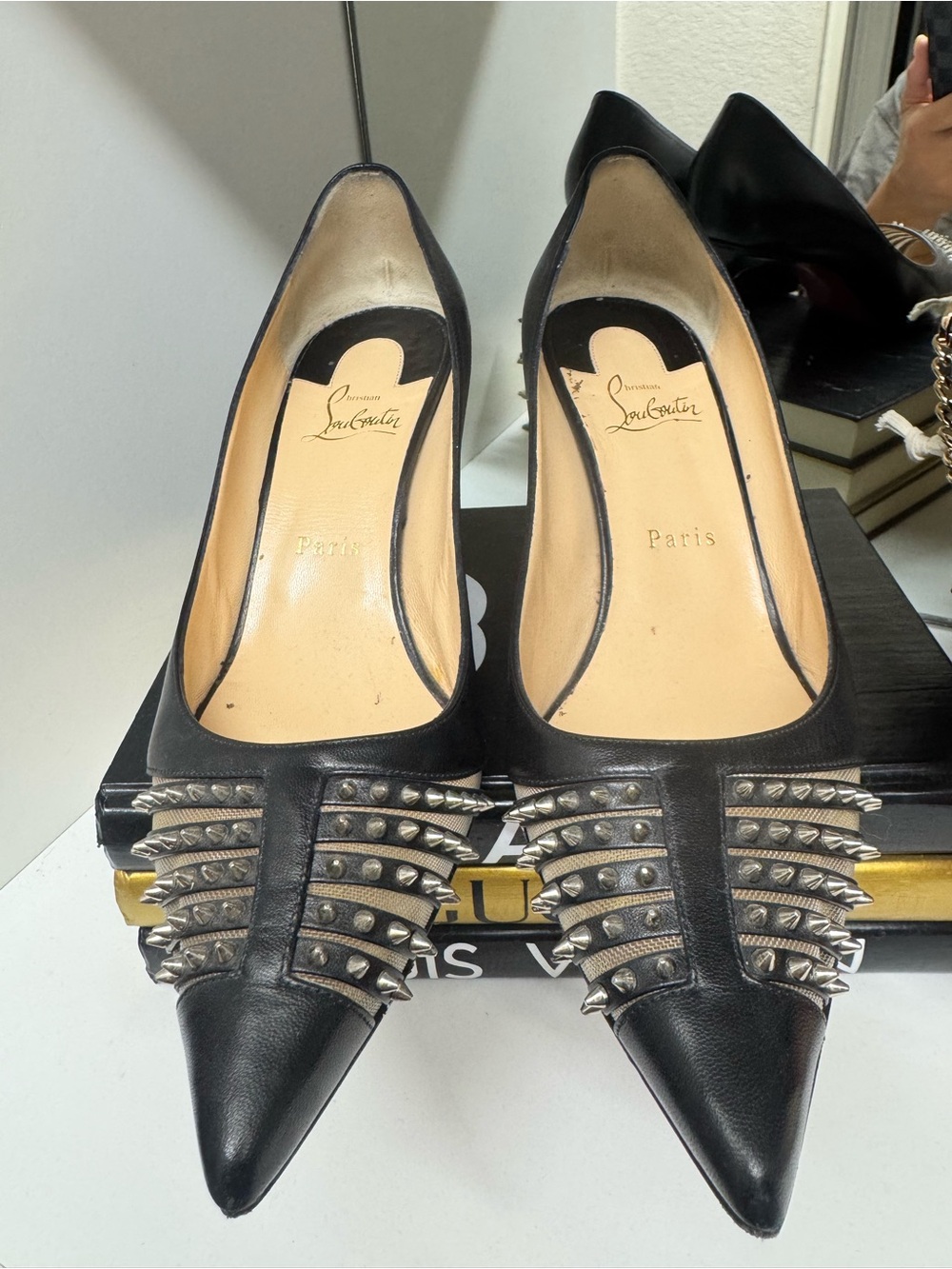 Christian Louboutin Black Leather Pointed-Toe Pumps with Silver Studs